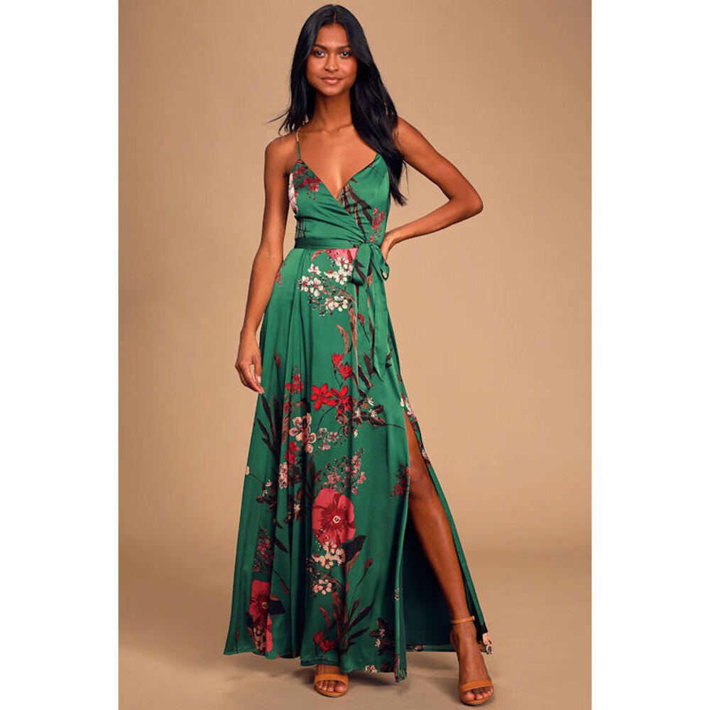 Lulus Still The One Emerald Green Floral Print Satin Maxi Dress - Size M